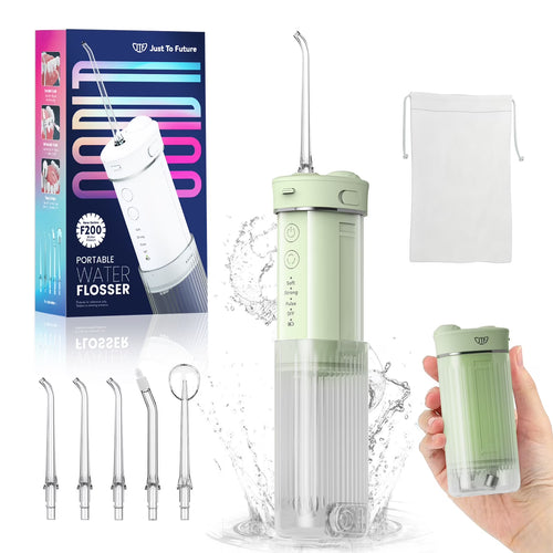 Cordless Travel Water Flosser for Teeth with 5 Jet Tips and Storage Bag, 3+DIY (10 Pressure Levels) Modes 230ML Extended Tank Portable Rechargeable Dental Mini Electric Oral Irrigator, Green