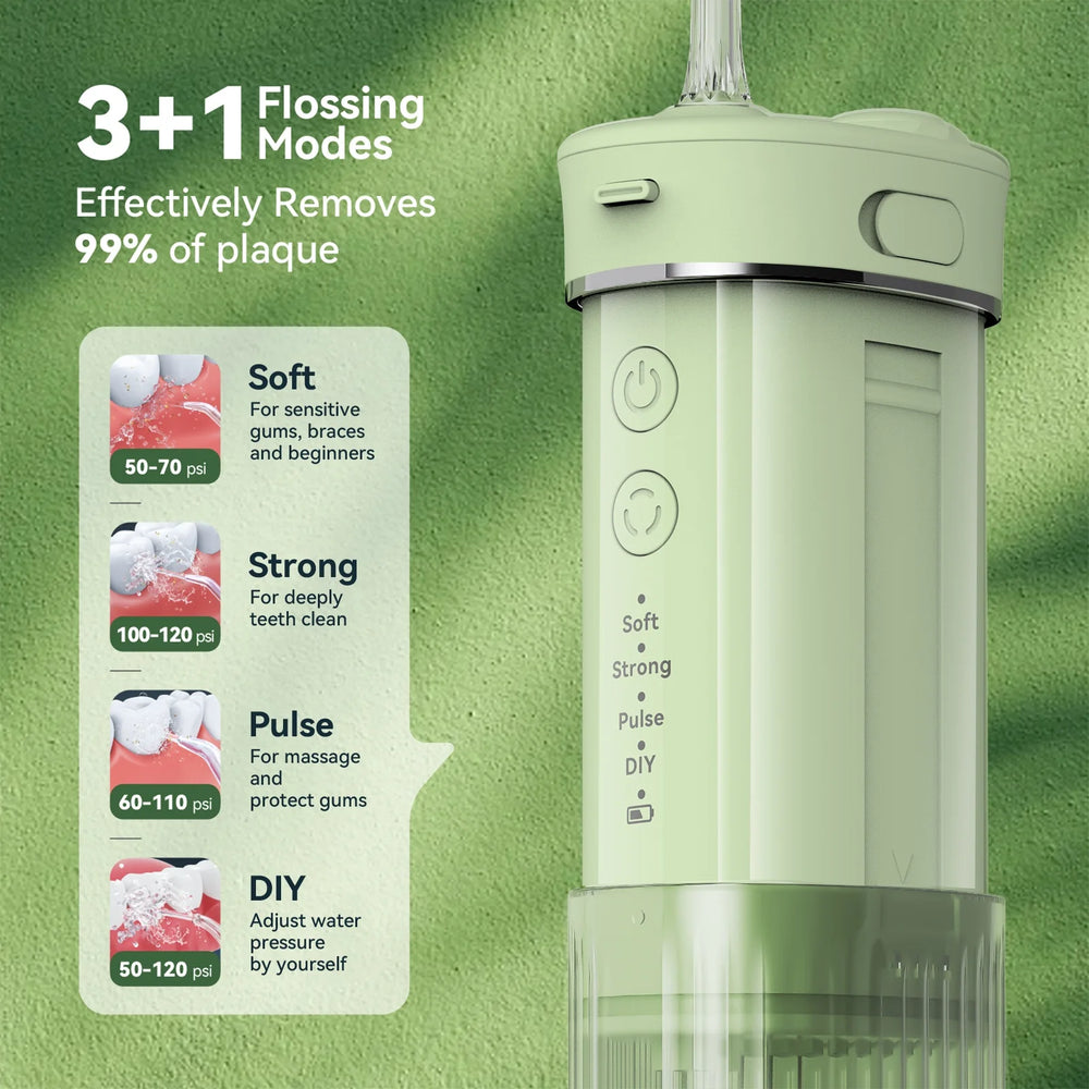 Cordless Travel Water Flosser for Teeth with 5 Jet Tips and Storage Bag, 3+DIY (10 Pressure Levels) Modes 230ML Extended Tank Portable Rechargeable Dental Mini Electric Oral Irrigator, Green